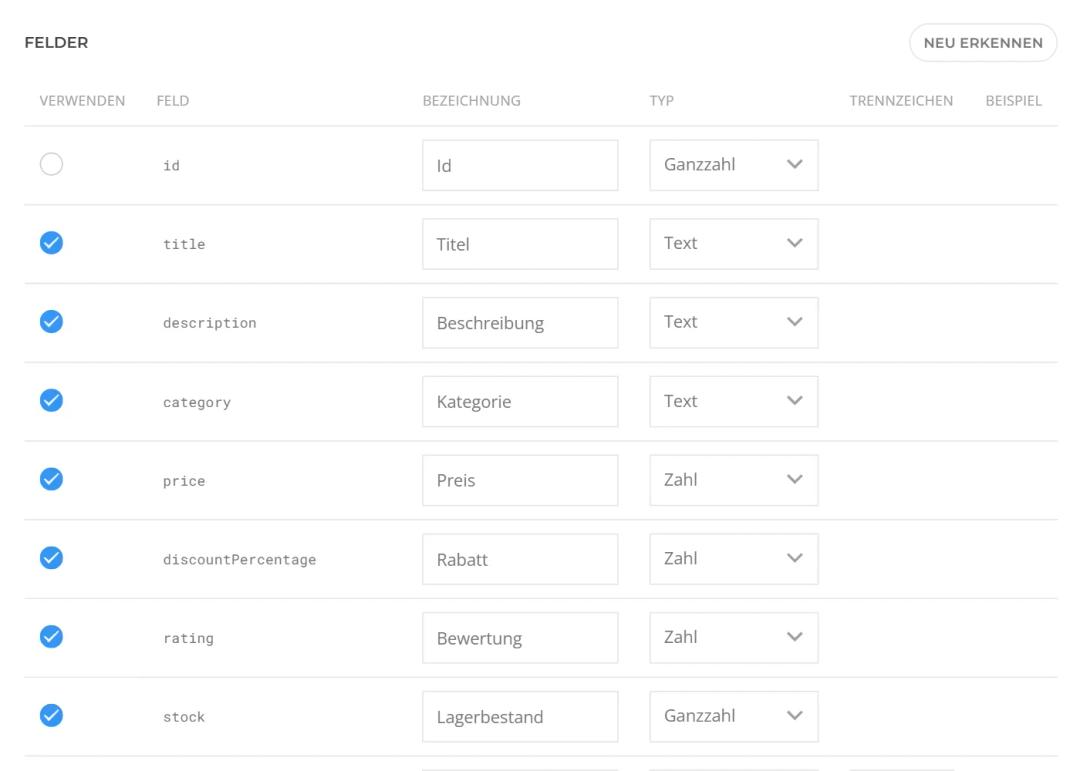 Sources in YOOtheme Pro: automatically detected fields of a JSON connection with selection, custom label and type such as text, number or integer
