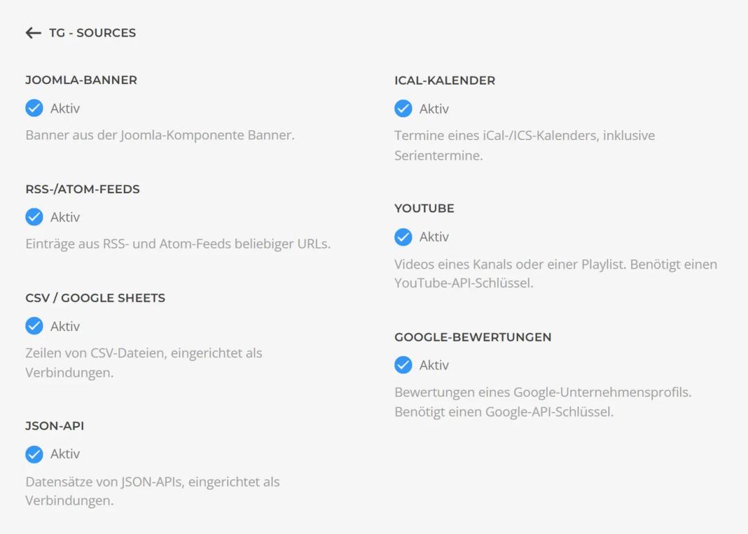 Sources in the YOOtheme customizer: all seven sources can be switched on and off individually, from Joomla banners, RSS/Atom feeds, CSV/Google Sheets and JSON API to iCal calendar, YouTube and Google Reviews
