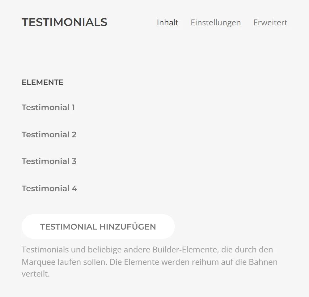 Testimonials element in YOOtheme Pro, Content tab: list of testimonials with Testimonial 1 to 4 and the Add Testimonial button