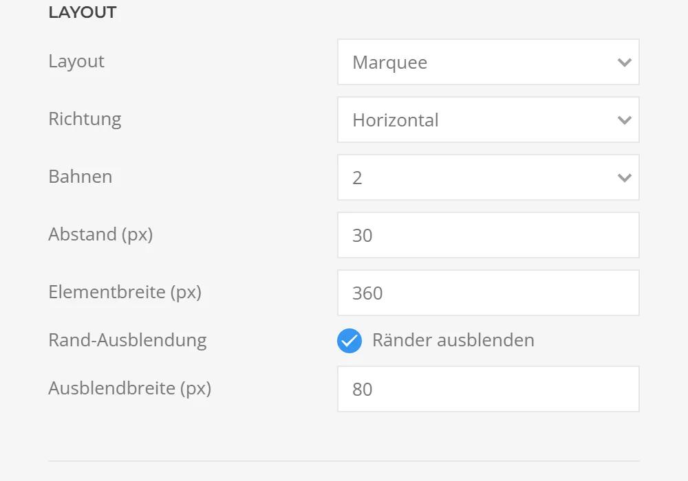 Layout options of the Testimonials marquee in YOOtheme Pro: direction, number of lanes, gap, item width and edge fade