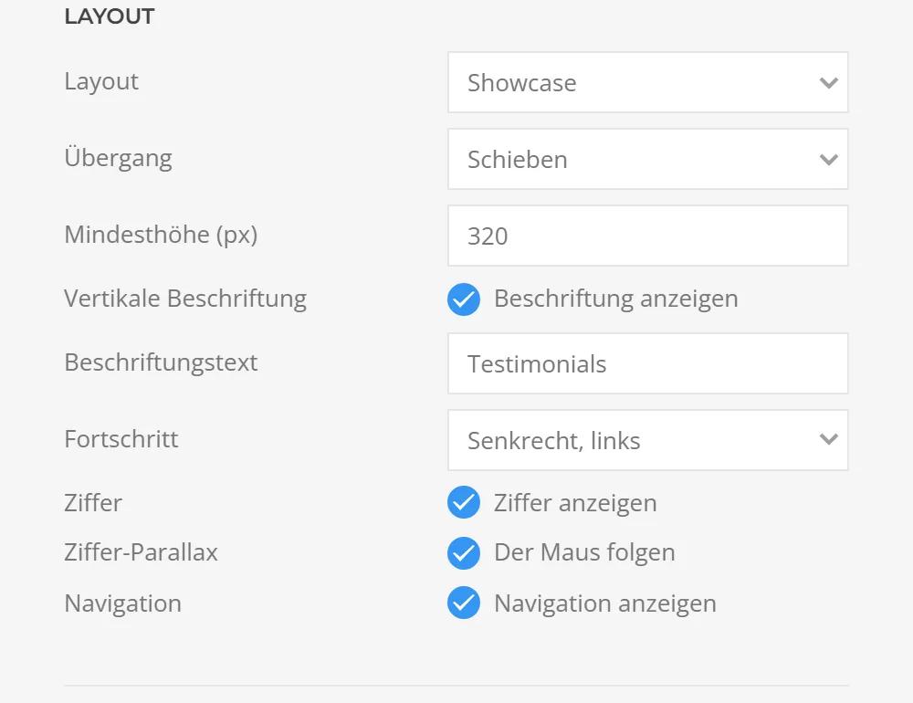 Testimonials as a showcase slideshow in YOOtheme Pro: transition, minimum height, vertical label, progress indicator, number and navigation