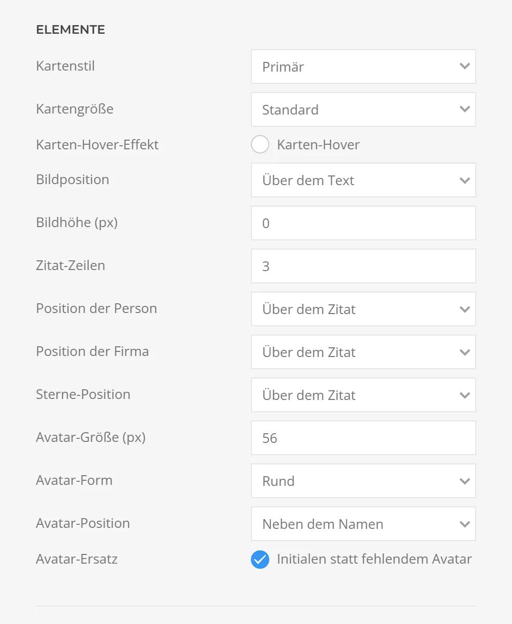 Card options of the Testimonials in YOOtheme Pro: card style, quote lines, position of person, company and stars, plus avatar size and shape