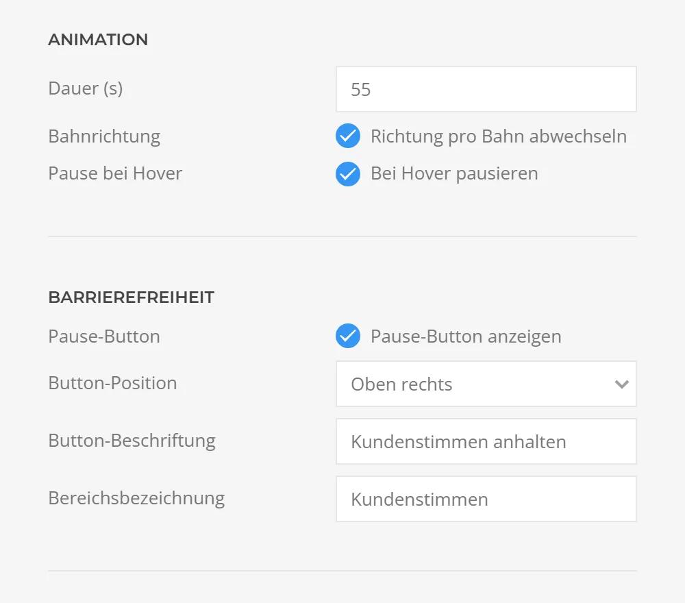 Animation and accessibility of the Testimonials in YOOtheme Pro: marquee duration, pause on hover, pause button with position, label and region name