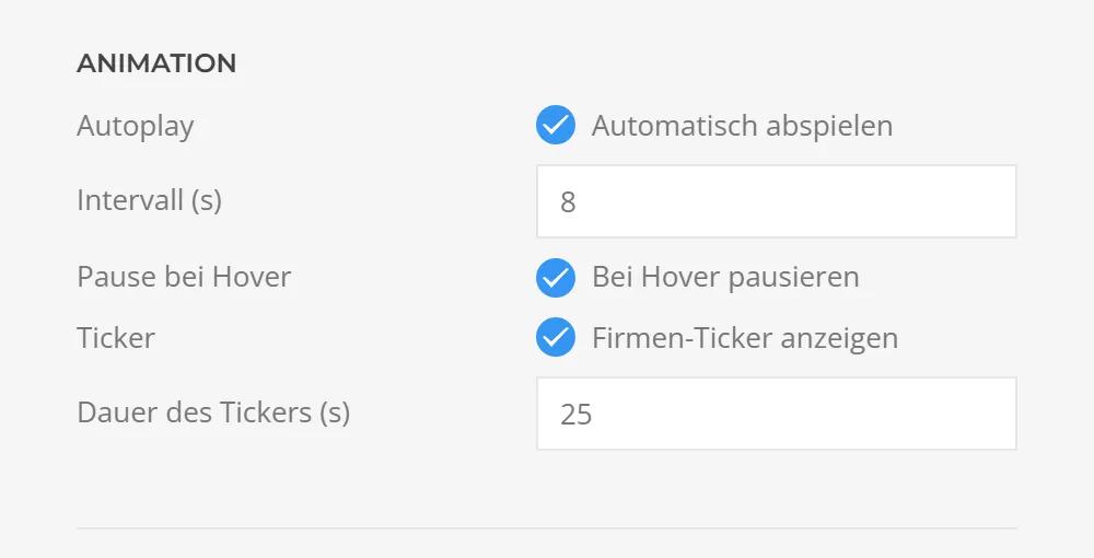 Showcase animation of the Testimonials in YOOtheme Pro: autoplay with interval in seconds, pause on hover and a running company ticker with duration