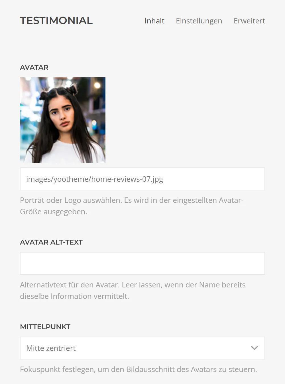 Single testimonial in YOOtheme Pro, Content tab: avatar portrait with preview, avatar alt text and focal point for the image crop