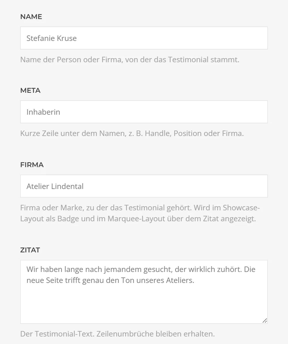 Testimonial fields in YOOtheme Pro: name, meta line with job title, company for the badge and the quote as multi-line text