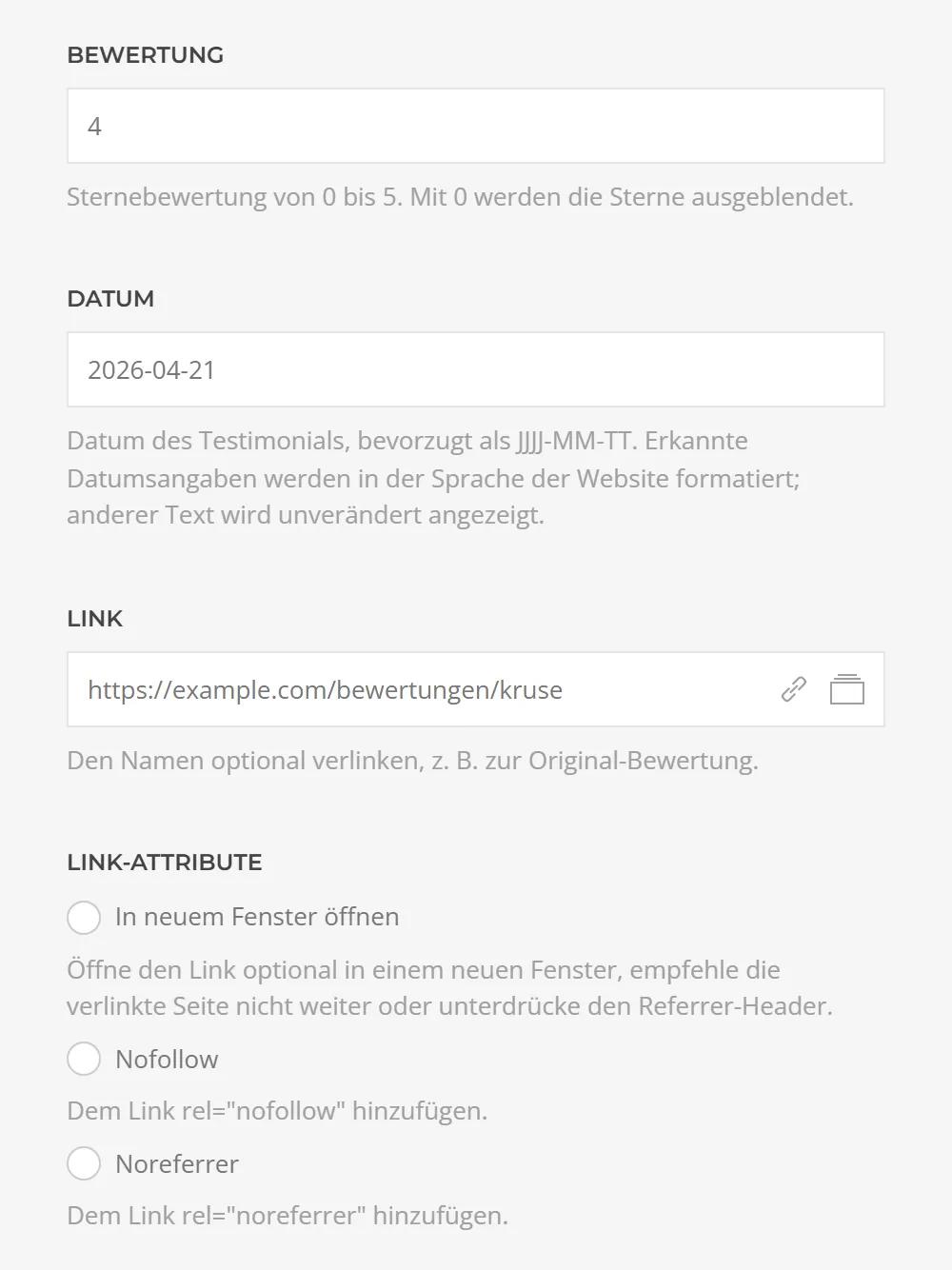 Testimonial fields in YOOtheme Pro: star rating from 0 to 5, date, linked name and link attributes such as new window and nofollow