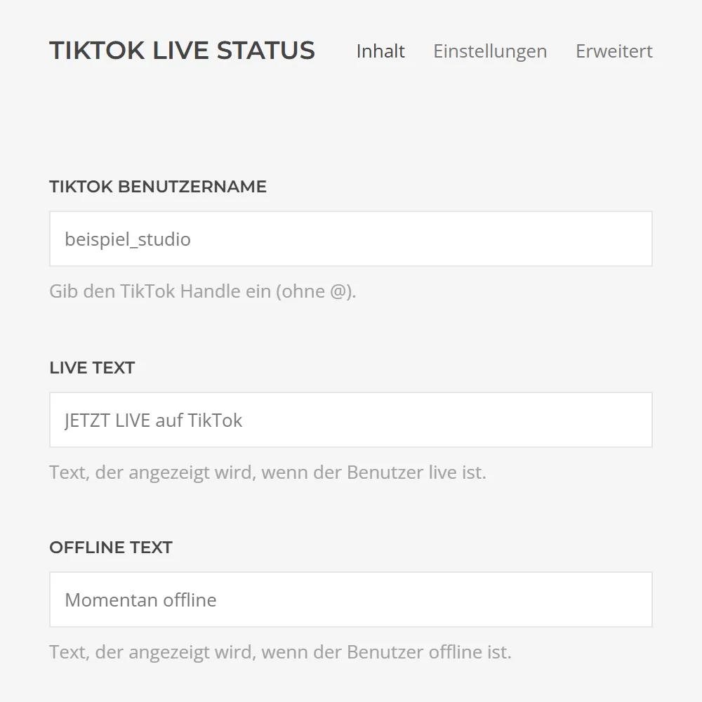 TikTok Live Status in YOOtheme Pro, Content tab: TikTok username without @ and custom texts for the live and offline state