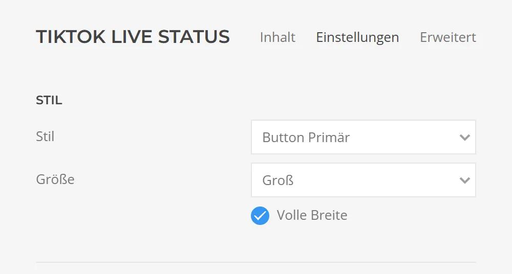Style options of TikTok Live Status in YOOtheme Pro: style as label, button or background, size from small to large and full width