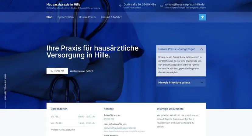 Website der Hausarztpraxis Hille: blauer Hero zur hausärztlichen Versorgung mit Sprechzeiten und Kontakt