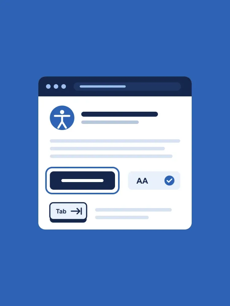 Illustration: barrierefreie Webseite mit Fokusrahmen, AA-Kontrastsiegel und Tab-Taste