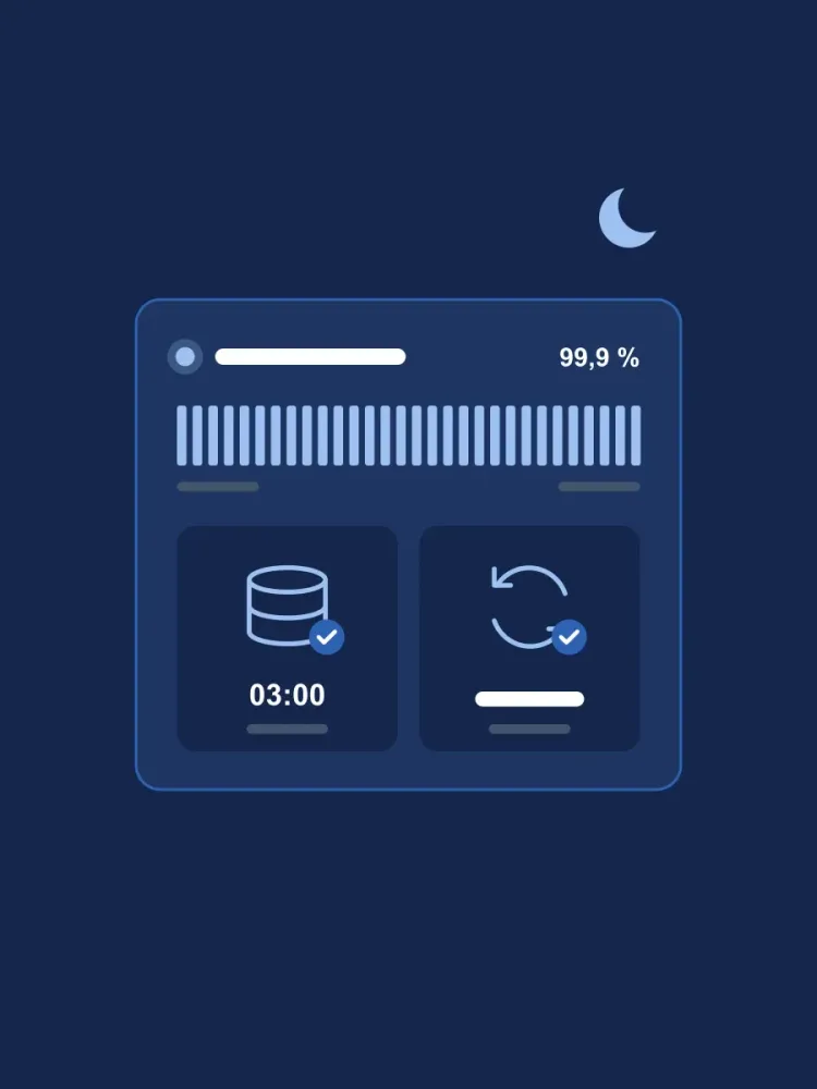 Illustration: Monitoring-Dashboard bei Nacht mit 99,9 % Verfügbarkeit, Backup um 03:00 und Updates
