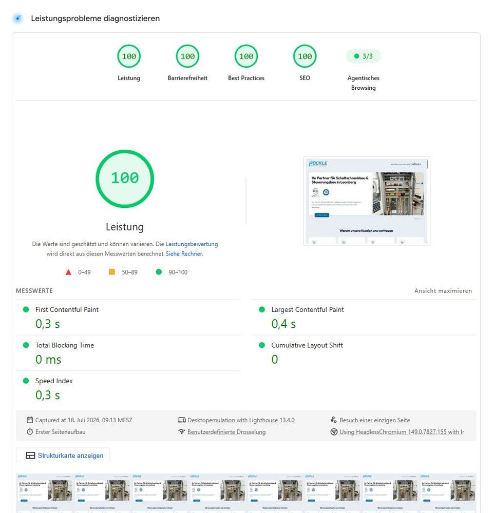 PageSpeed-Audit: 100 Punkte bei Leistung, Barrierefreiheit, Best Practices und SEO